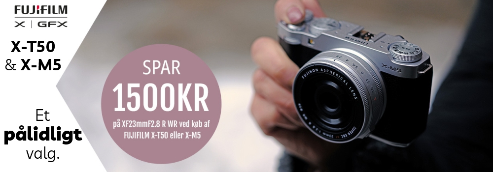 Fujfilm X-E5 kampagne. Den lille frækkert fra fujfilm. Spar 1.500 kr. på udvalgte objektiver ved køb af E-5 hus eller kit.